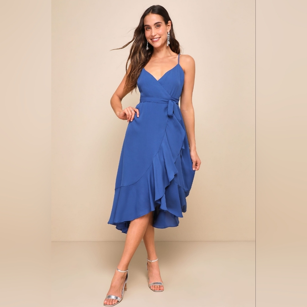 Manhattan Moment Blue Ruffled Midi Wrap Dress Size XL